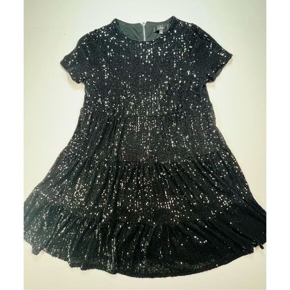 Lulus Taking A Shine Black Sequin Tiered Mini Short Sleeve Shift Dress Size XS - Picture 5 of 11